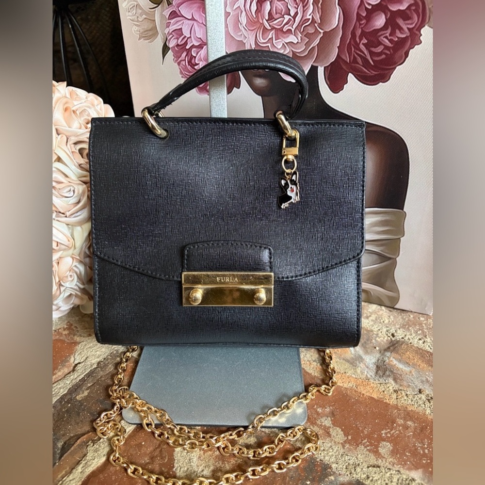 Furla Julia Mini Black Saffiano Leather Top Handle Bag Crossbody With Chain EUC